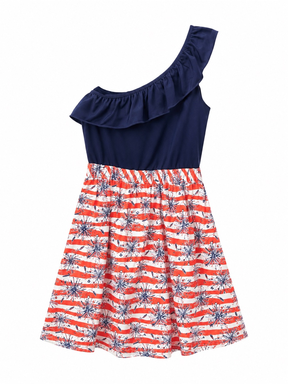 Lilly Pulitzer Navy One-Shoulder Ruffle Dress with Red & White Starburst Skirt